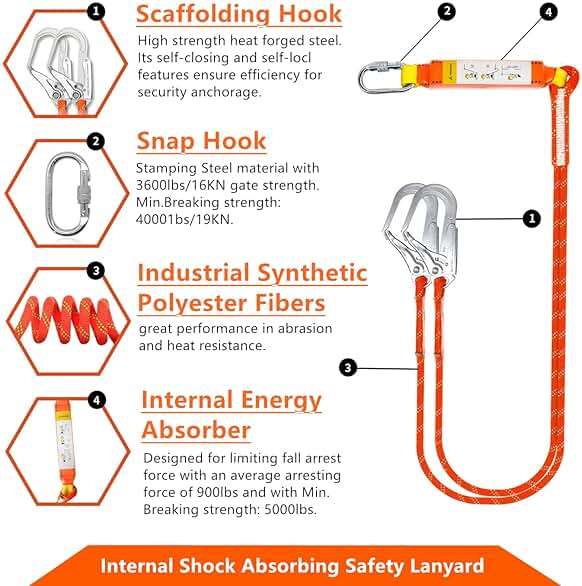 GLOROUSCHU Full Body Safety Harness Tool Fall Protection,OSHA/ANSI Compliant,ASTM F1774certified | INTERNAL Shock Absorbing Lanyard(Orange) - Image 4