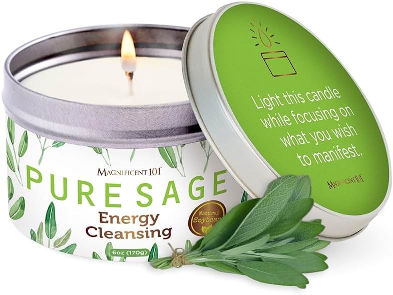 Magnificent 101 Long Lasting Pure White Sage Candle - 6 Oz - 35 Hour Burn Time - Organic, All Natural, Soy Candle to Cleanse Your Home & Calm, Soothe, Use with Sage Smudge Kit - Spiritual - Product Image