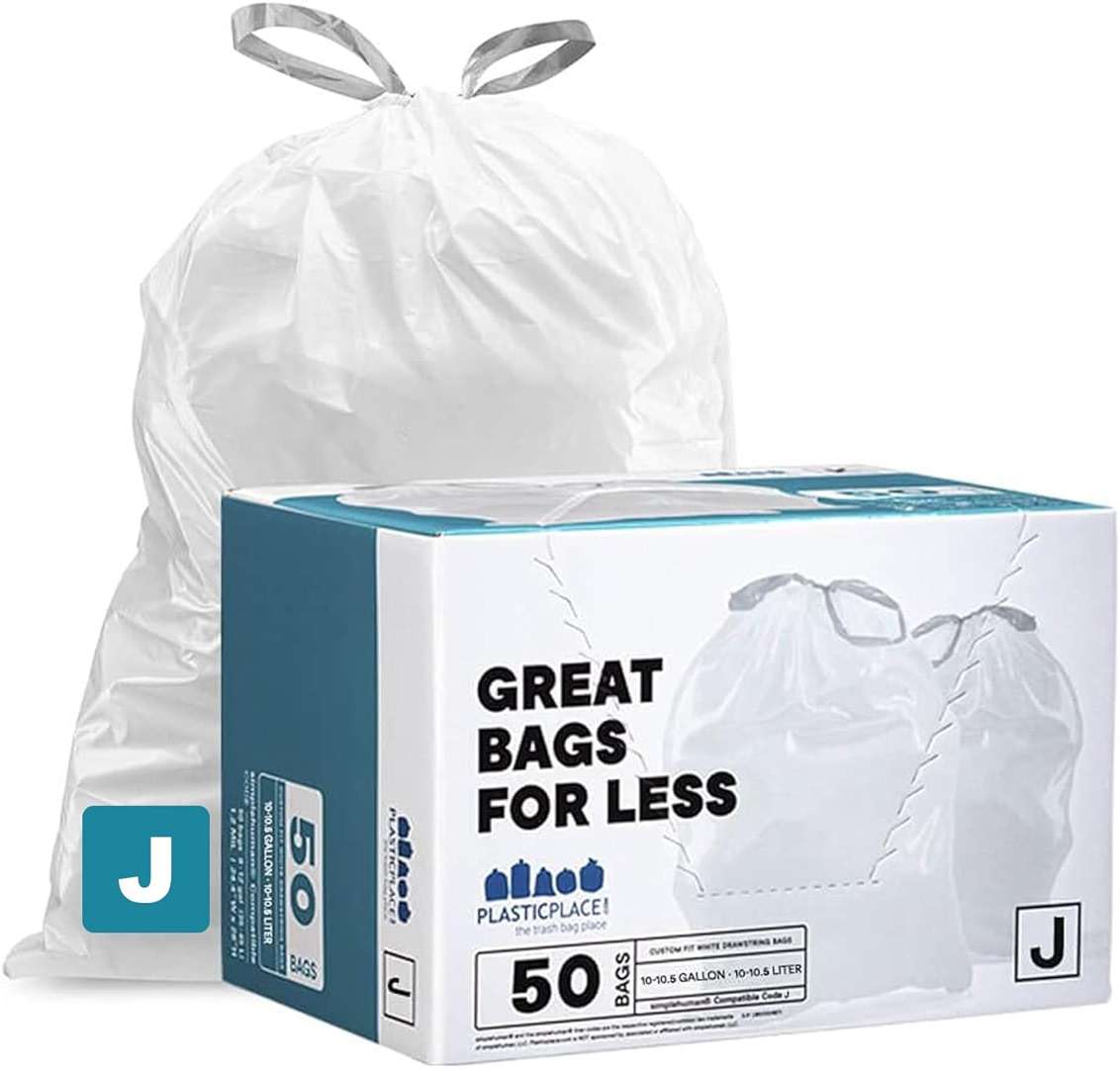 Plasticplace Custom Fit Trash Bags Compatible with Simplehuman Code J 50 Count White Drawstring Garbage Liners 10-10.5 Gallon 21"x28" Tear-Resistant LLDPE Bags for Kitchen Bathroom & Office - Image 1