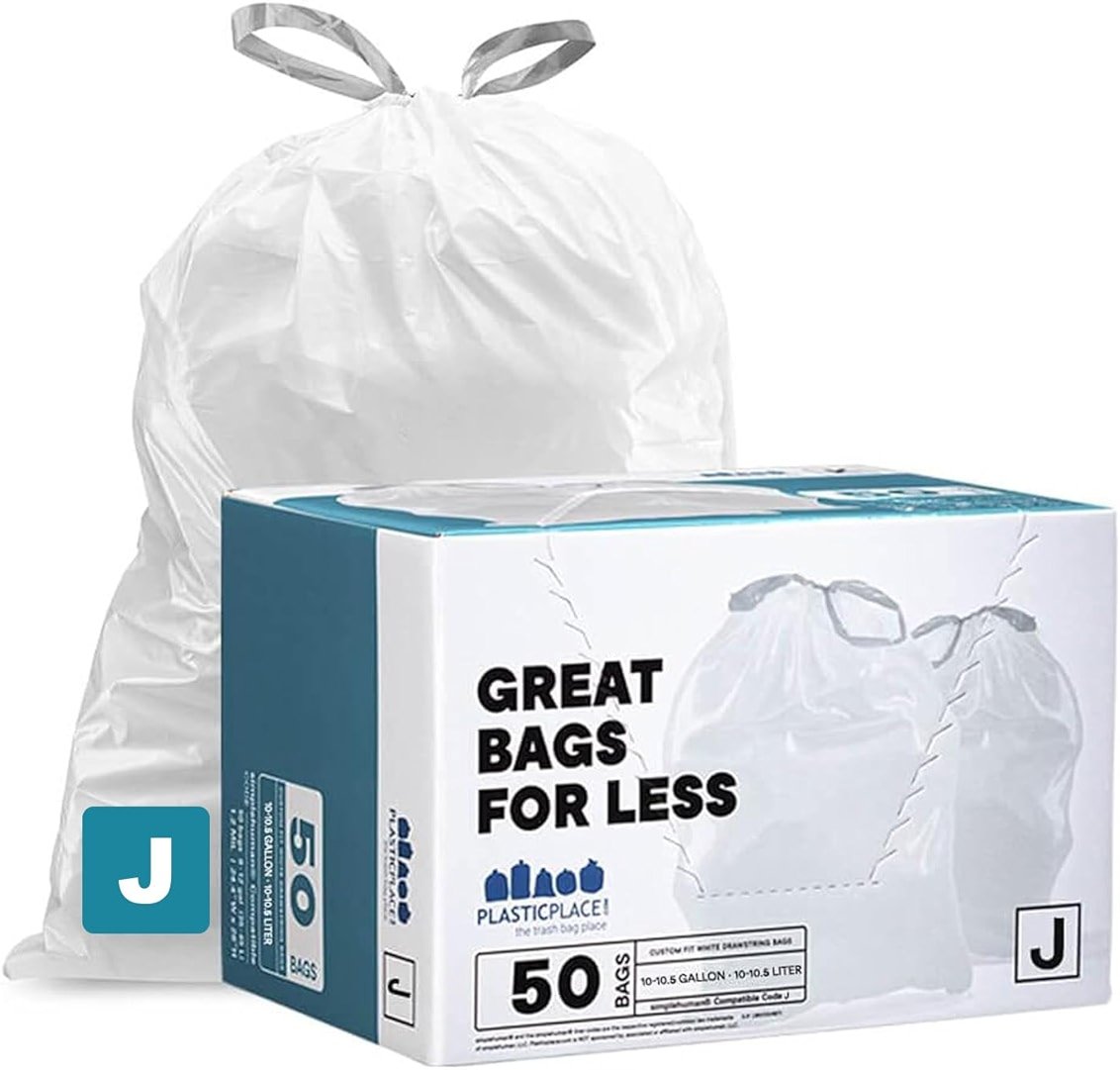 Plasticplace Custom Fit Trash Bags Compatible with Simplehuman Code J 50 Count White Drawstring Garbage Liners 10-10.5 Gallon 21"x28" Tear-Resistant LLDPE Bags for Kitchen Bathroom & Office - Product Image