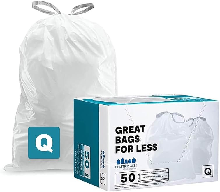 Plasticplace Custom Fit Trash Bags, Compatible with Simplehuman Code Q (50 Count), 13-17 Gallon Drawstring Garbage Liners, Heavy Duty Tear-Resistant - Product Image