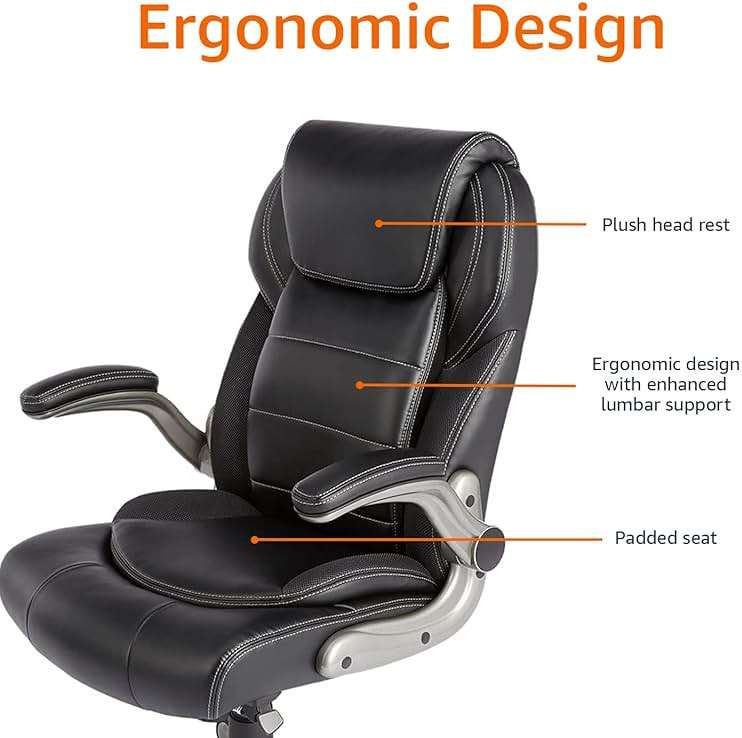 Amazon Basics Ergonomic High-Back Office Chair with Flip-Up Arms, Adjustable Lumbar Support, Height Adjustable, 29.5"D x 27.5"W x 44.75"H, Black - Image 5