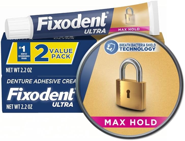 Fixodent Ultra Max Hold Denture Adhesive Cream, 2.2 oz (2-Pack), Strong False Teeth Glue - Product Image