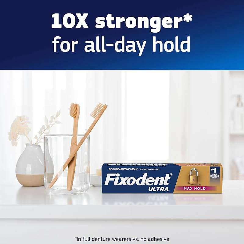 Fixodent Ultra Max Hold Denture Adhesive Cream, 2.2 oz (2-Pack), Strong False Teeth Glue - Image 4