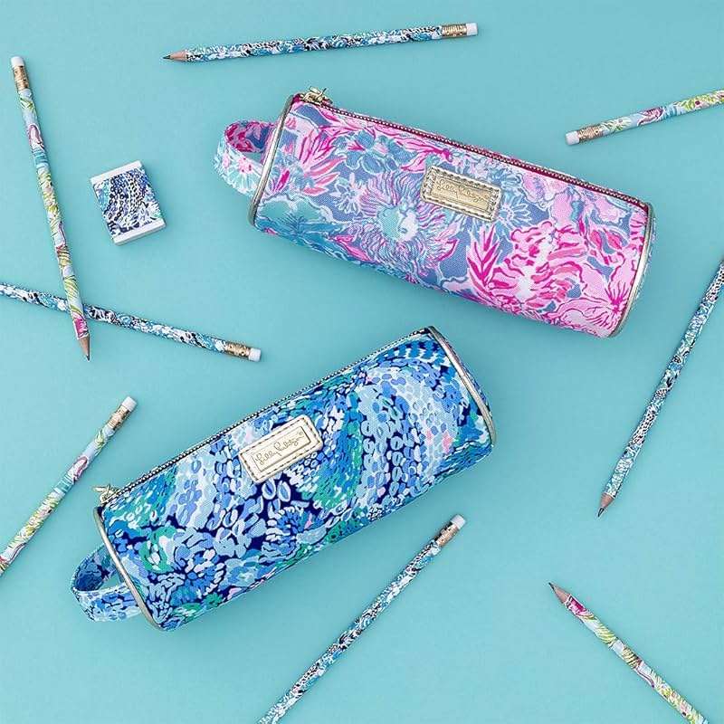 Lilly Pulitzer Blue Pen and Pencil Pouch Holder, Cute Travel Bag/Case with Carrying Handle and Zip Close, Wave After Wave - Image 2