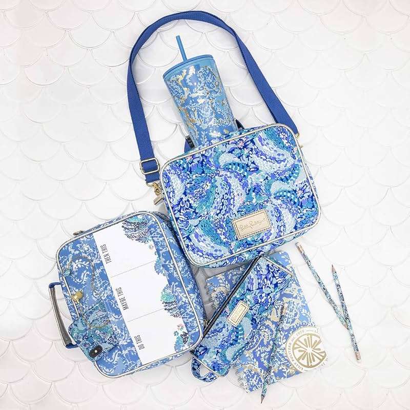 Lilly Pulitzer Blue Pen and Pencil Pouch Holder, Cute Travel Bag/Case with Carrying Handle and Zip Close, Wave After Wave - Image 3