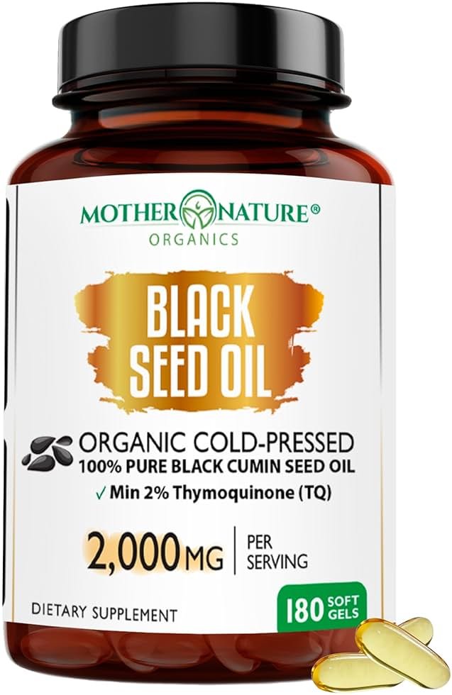 Black Seed Oil Capsules 2000mg Per Serving, Organic Cold Pressed Black Cumin, High TQ, Immune & Joint Support, 180 Count (3 Month Supply) - Product Image