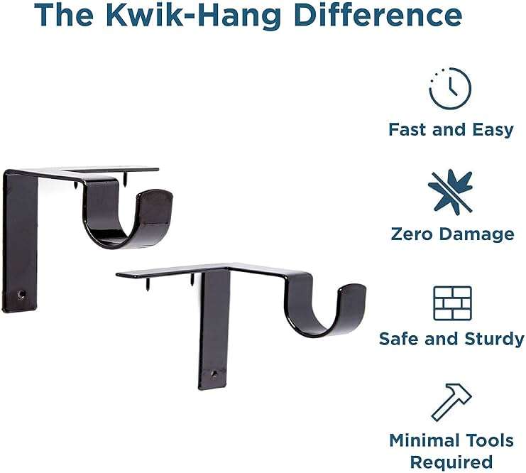 Kwik-Hang Single Curtain Rod Brackets – No Drill, No Damage – Perfect Curtains Every Time – 1” Black - Image 2