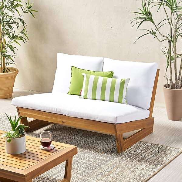 Great Deal Furniture Kaitlyn Outdoor Acacia Wood Loveseat with Cushions, Teak and White - Image 1