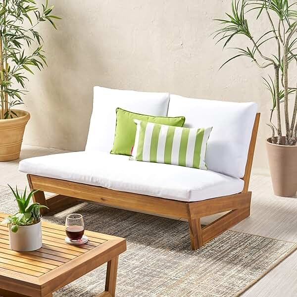 Great Deal Furniture Kaitlyn Outdoor Acacia Wood Loveseat with Cushions, Teak and White - Product Image