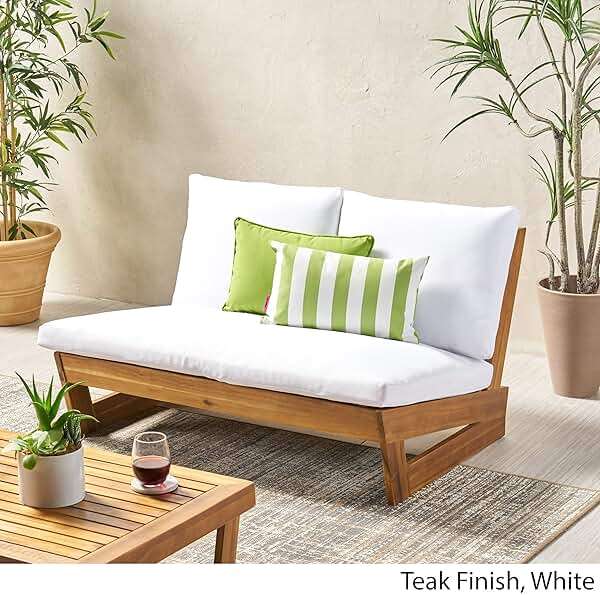 Great Deal Furniture Kaitlyn Outdoor Acacia Wood Loveseat with Cushions, Teak and White - Image 9