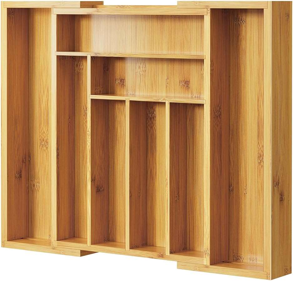 Pipishell Bamboo Expandable Silverware Drawer Organizer, Adjustable Kitchen Utensil Tray for Forks, Spoons and Knives, Wood Storage Cutlery Holder for Bedroom and Living Room - Image 1