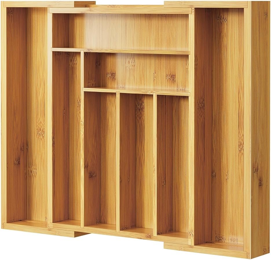 Pipishell Bamboo Expandable Silverware Drawer Organizer, Adjustable Kitchen Utensil Tray for Forks, Spoons and Knives, Wood Storage Cutlery Holder for Bedroom and Living Room - Product Image