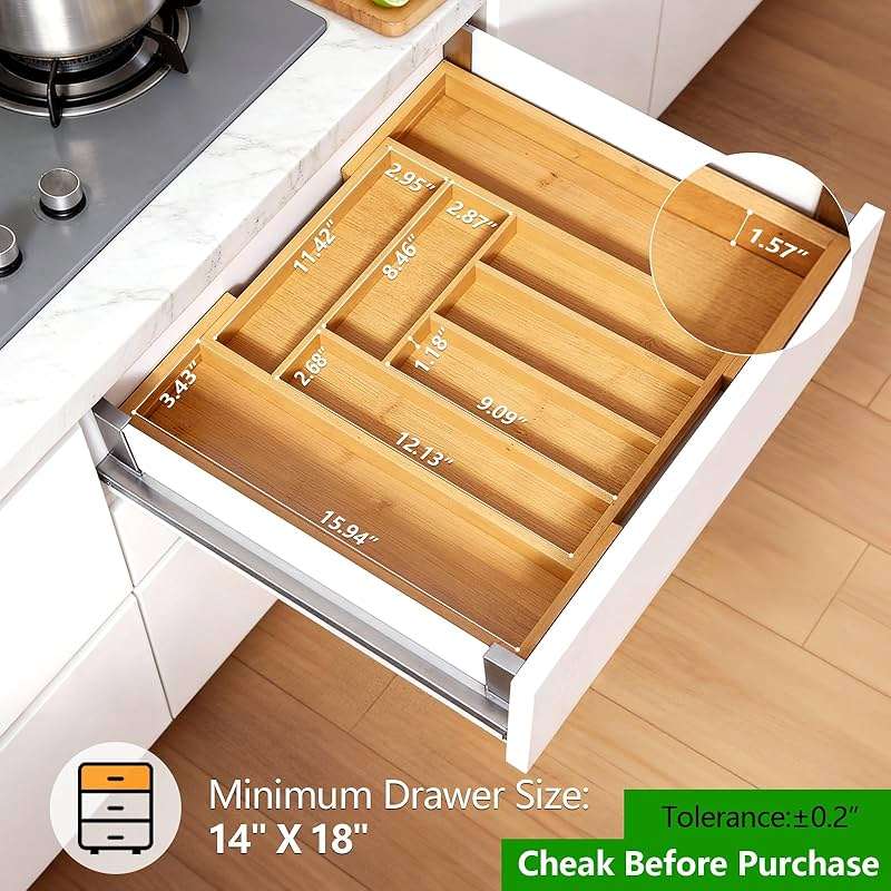 Pipishell Bamboo Expandable Silverware Drawer Organizer, Adjustable Kitchen Utensil Tray for Forks, Spoons and Knives, Wood Storage Cutlery Holder for Bedroom and Living Room - Image 2