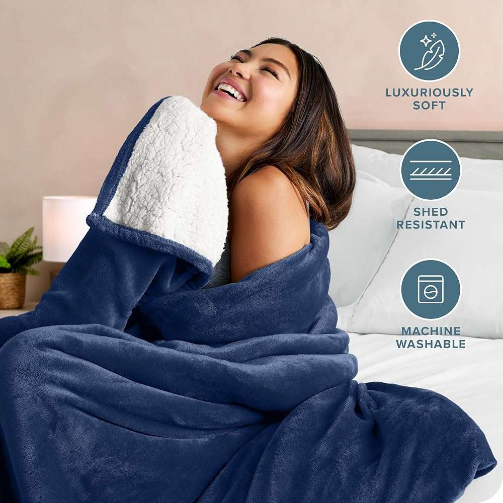 Bare Home Sherpa Fleece Blanket - Twin/Twin Extra Long - Blanket for Bed, Sofa, and Couch - Warm & Lightweight - Fluffy & Soft - Reversible (Twin/Twin XL, Dark Blue) - Image 4