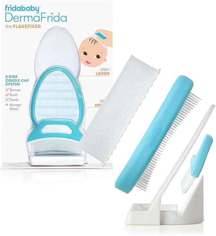 Frida Baby The 3-Step Cradle Cap System, DermaFrida The FlakeFixer, Sponge, Brush, Comb and Storage Stand for Babies with Cradle Cap, White-Blue - Image 1