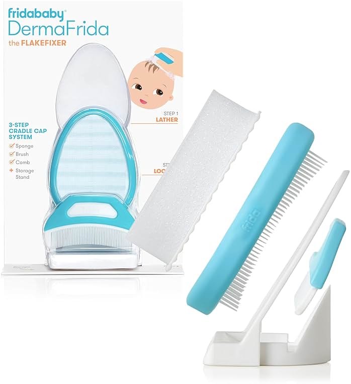 Frida Baby The 3-Step Cradle Cap System, DermaFrida The FlakeFixer, Sponge, Brush, Comb and Storage Stand for Babies with Cradle Cap, White-Blue - Product Image
