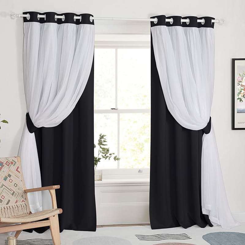 PONY DANCE Black Curtains for Bedroom - Decorative Window Curtains Double Layered Blackout Drapery White Crushed Sheers Panels Set for Living Room, 52 W x 84 L, Set of 2 - Image 1