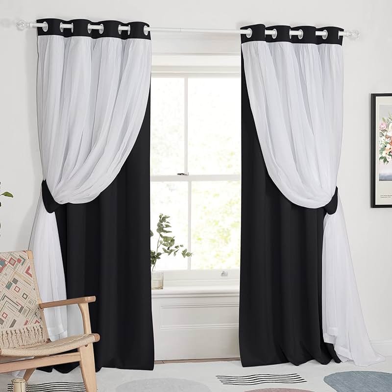 PONY DANCE Black Curtains for Bedroom - Decorative Window Curtains Double Layered Blackout Drapery White Crushed Sheers Panels Set for Living Room, 52 W x 84 L, Set of 2 - Product Image