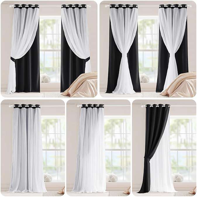 PONY DANCE Black Curtains for Bedroom - Decorative Window Curtains Double Layered Blackout Drapery White Crushed Sheers Panels Set for Living Room, 52 W x 84 L, Set of 2 - Image 3