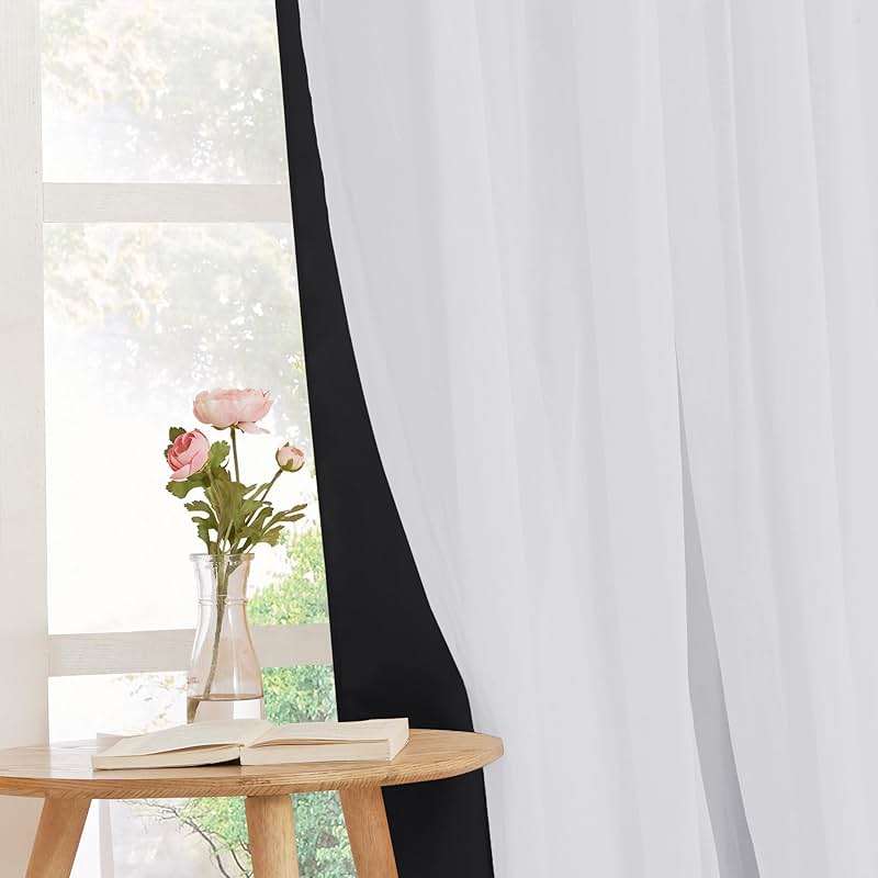 PONY DANCE Black Curtains for Bedroom - Decorative Window Curtains Double Layered Blackout Drapery White Crushed Sheers Panels Set for Living Room, 52 W x 84 L, Set of 2 - Image 10