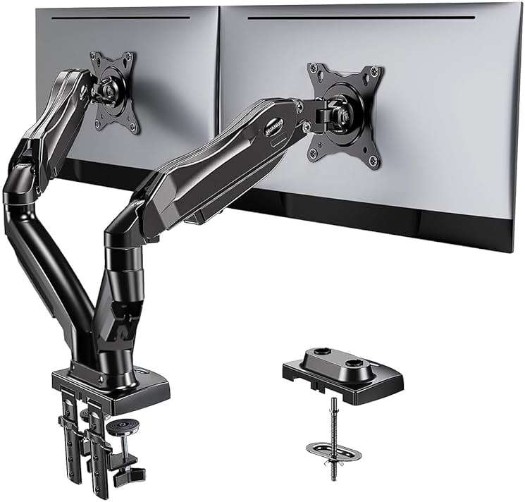 HUANUO Dual Monitor Stand - Full Adjustable Monitor Desk Mount Swivel Vesa Bracket with C Clamp, Grommet Mounting Base for 13 to 32 Inch Computer Screens - Each Arm Holds 4.4 to 19.8lbs - Image 1
