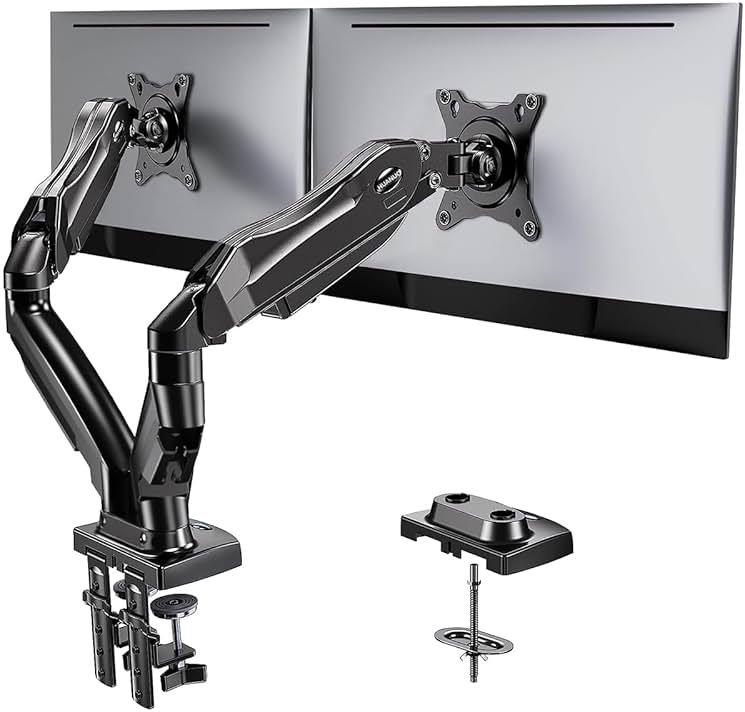 HUANUO Dual Monitor Stand - Full Adjustable Monitor Desk Mount Swivel Vesa Bracket with C Clamp, Grommet Mounting Base for 13 to 32 Inch Computer Screens - Each Arm Holds 4.4 to 19.8lbs - Product Image