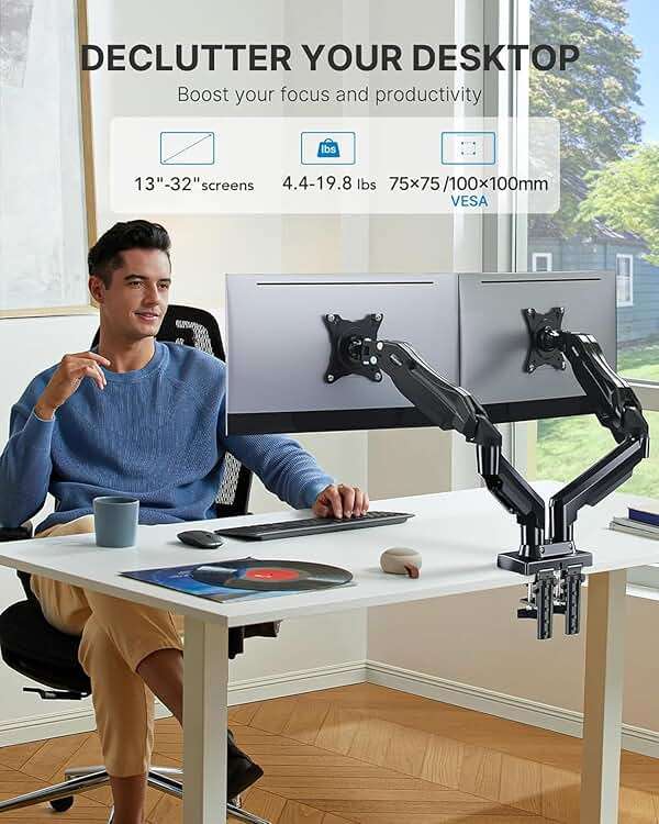 HUANUO Dual Monitor Stand - Full Adjustable Monitor Desk Mount Swivel Vesa Bracket with C Clamp, Grommet Mounting Base for 13 to 32 Inch Computer Screens - Each Arm Holds 4.4 to 19.8lbs - Image 2