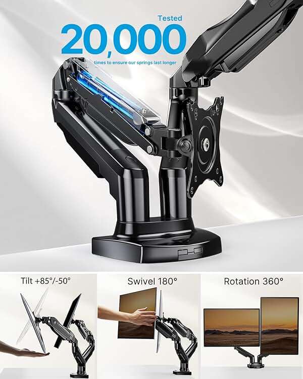 HUANUO Dual Monitor Stand - Full Adjustable Monitor Desk Mount Swivel Vesa Bracket with C Clamp, Grommet Mounting Base for 13 to 32 Inch Computer Screens - Each Arm Holds 4.4 to 19.8lbs - Image 3