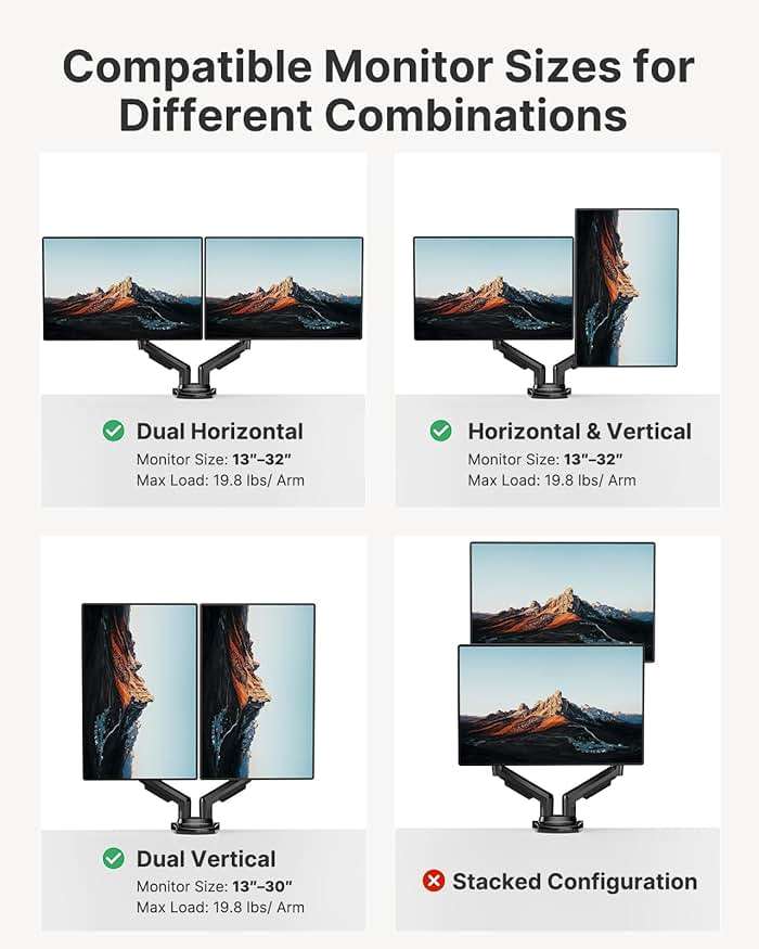 HUANUO Dual Monitor Stand - Full Adjustable Monitor Desk Mount Swivel Vesa Bracket with C Clamp, Grommet Mounting Base for 13 to 32 Inch Computer Screens - Each Arm Holds 4.4 to 19.8lbs - Image 6