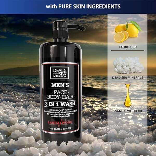 Dead Sea Collection Sandalwood Men’s Body Wash – 3 in 1 Body Wash for Men for Hair, Face & Body – Moisturizing Shower Gel with Dead Sea Minerals – Pack of 2 (33.8 fl oz each) - Image 4