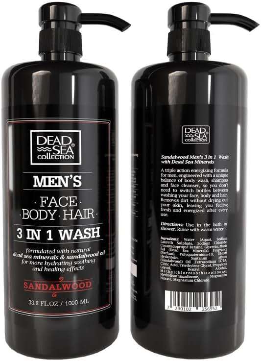 Dead Sea Collection Sandalwood Men’s Body Wash – 3 in 1 Body Wash for Men for Hair, Face & Body – Moisturizing Shower Gel with Dead Sea Minerals – Pack of 2 (33.8 fl oz each) - Image 8