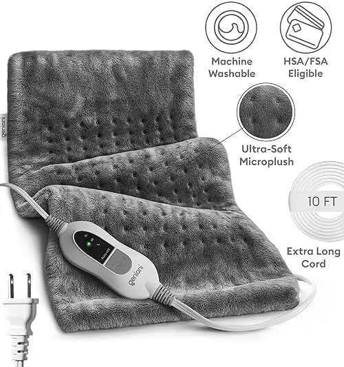 GENIANI Electric Heating Pad for Back Pain & Cramps Relief, Electric Throw, Auto Shut Off, Machine Washable, Heating Pad for Neck & Shoulder (12×24", Tabby Gray) - Image 4