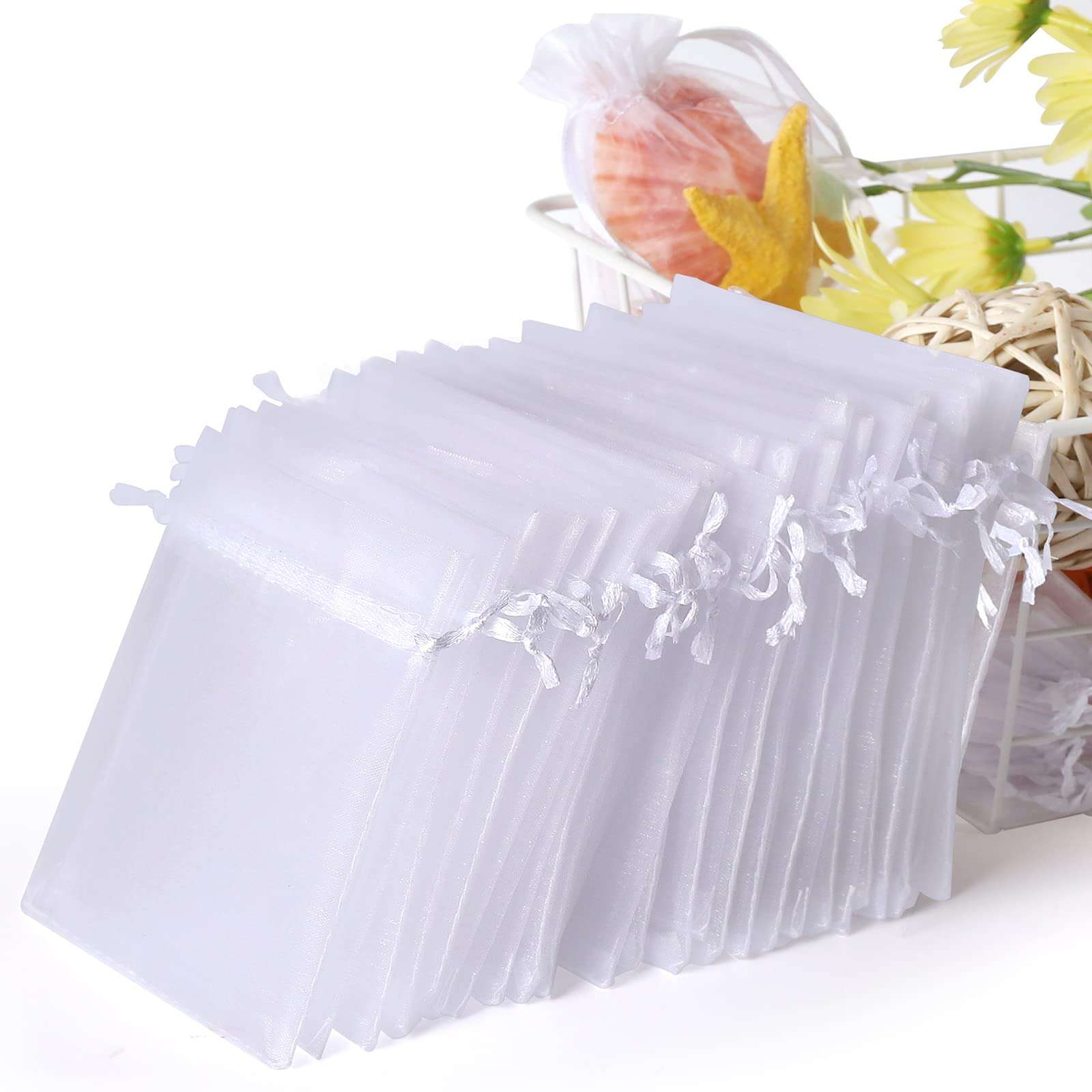 WenTao 100PCS 4x6 (10x15cm) Sheer Organza Bags, White Mother's Day Wedding Favor Bags With Drawstring, Premium Jewelry Pouches Party Festival Gift Bags Candy Bags, Fruit Protection Bags - Image 1