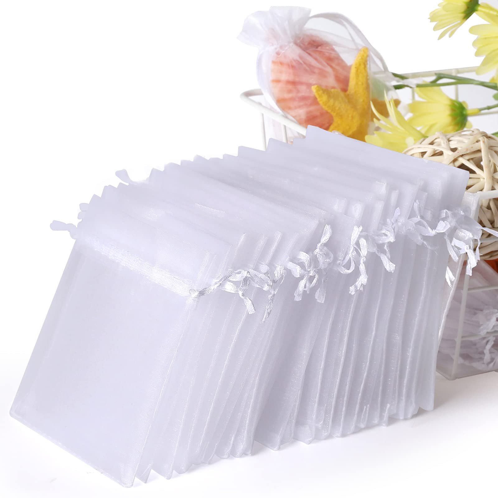 WenTao 100PCS 4x6 (10x15cm) Sheer Organza Bags, White Mother's Day Wedding Favor Bags With Drawstring, Premium Jewelry Pouches Party Festival Gift Bags Candy Bags, Fruit Protection Bags - Product Image