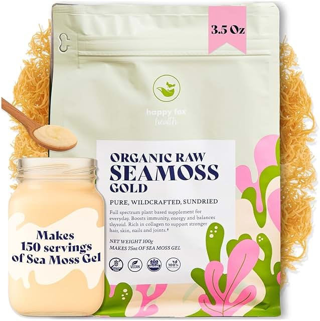 HAPPY FOX Organic Sea Moss Raw Gold - Makes 75oz of Seamoss Gel Rich in Vitamins & Minerals, Certified Non-GMO, Wildcrafted, Sundried Superfood - 3.5 oz Bag - Product Image