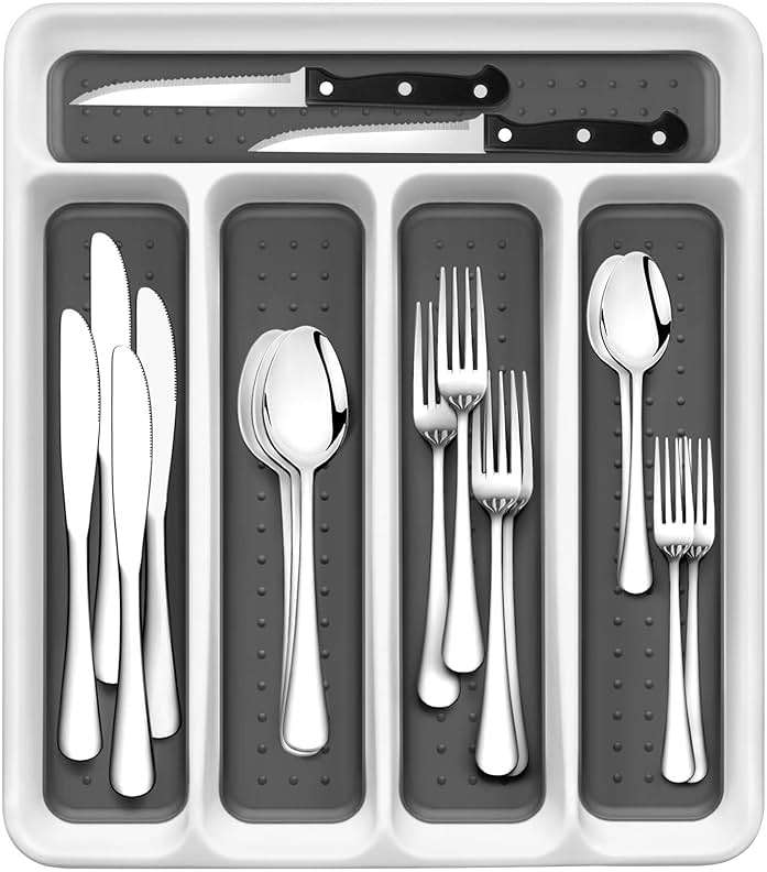 RayPard 24-Piece Silverware Set, Flatware Set Mirror Polished, Dishwasher Safe Service for 4, Include Fork/Spoon with 5-Compartment Non Slip Silverware Drawer Organizer Box Tray - Image 1
