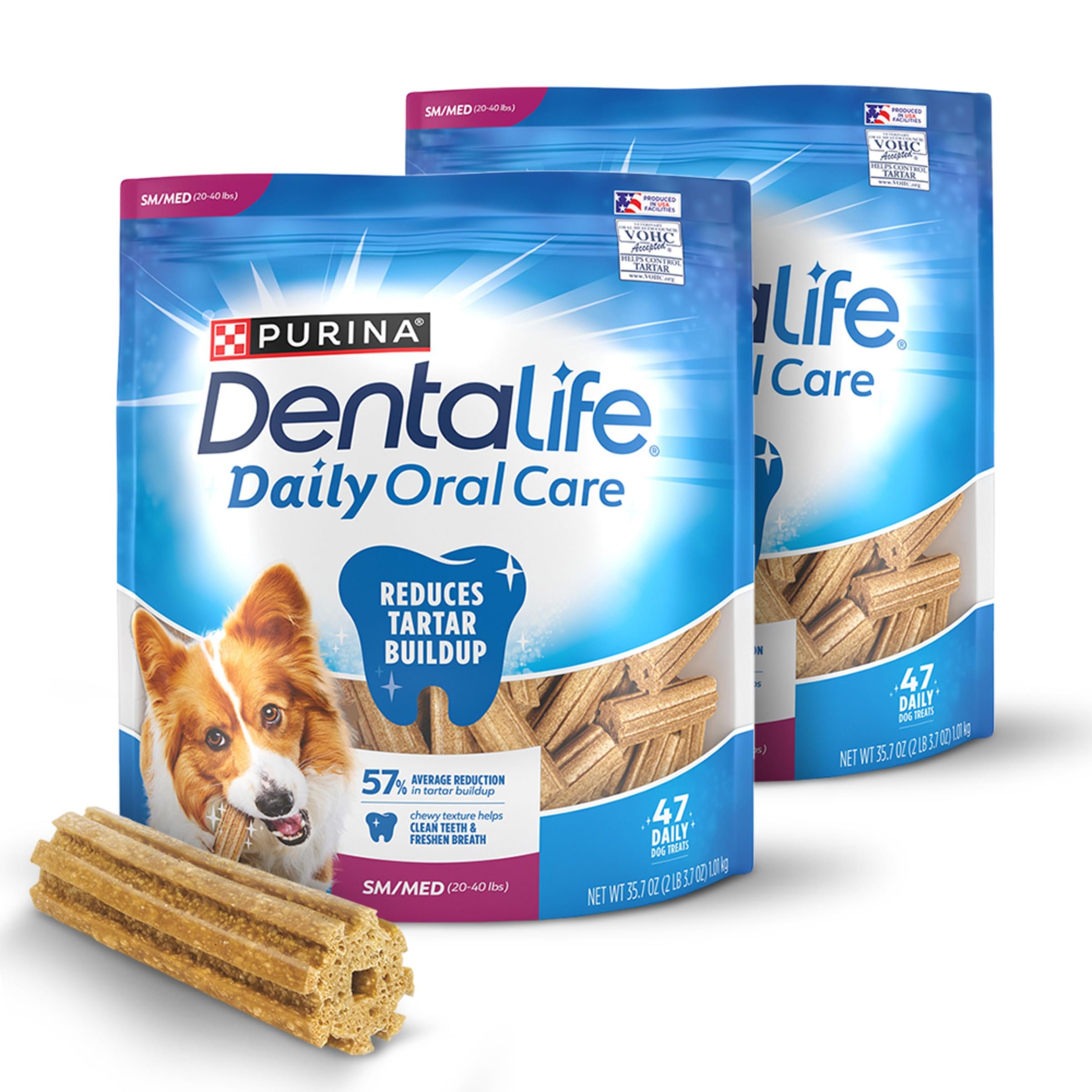 DentaLife Daily Oral Care Dog Treats for Small and Medium Dogs, Chewy Dental Treat to Freshen Breath and Fight Tartar, Chicken Flavor, 35.7 oz. each, 47 Chews each/94 Total Chews - 47 ct. Pouch - Product Image