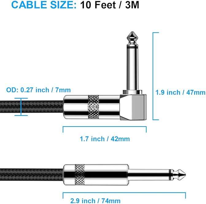 New Bee Guitar Cable 10ft Electric Instrument Bass AMP Cord for Electric Mandolin, Pro Audio (Right Angle to Straight, Black) - Image 2