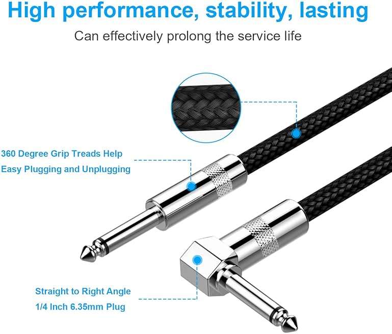 New Bee Guitar Cable 10ft Electric Instrument Bass AMP Cord for Electric Mandolin, Pro Audio (Right Angle to Straight, Black) - Image 4
