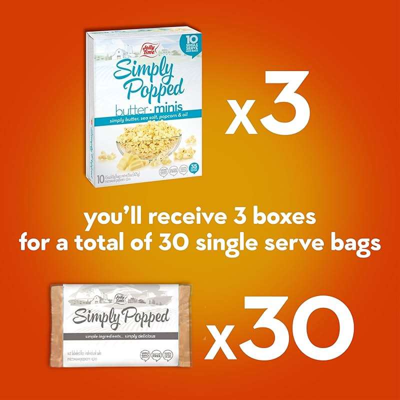 Jolly Time Simply Popped Butter Minis, Lightly Salted Microwave Popcorn, 1.5oz Personal Bag, 10 Bags Per Carton (1.5 Ounce (Pack of 30)) - Image 4
