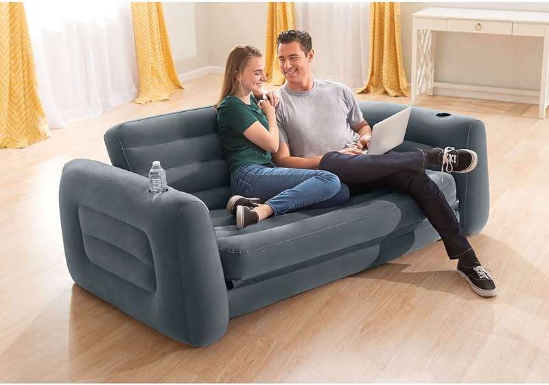 Intex Inflatable Pull-Out Sofa: Velvety Surface, 2-in-1 Valve, Cupholder, 46" x 88" x 26" - Blow-Up Couch and Folding Queen Size Air Mattress Bed - Image 8