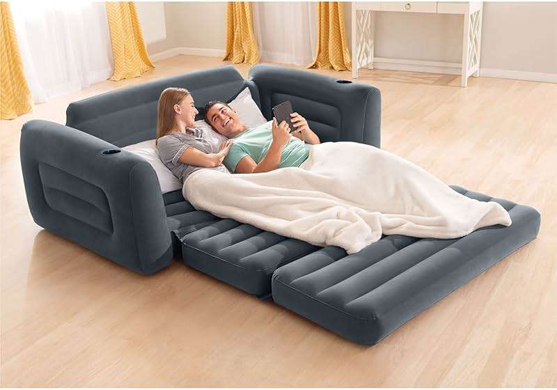 Intex Inflatable Pull-Out Sofa: Velvety Surface, 2-in-1 Valve, Cupholder, 46" x 88" x 26" - Blow-Up Couch and Folding Queen Size Air Mattress Bed - Image 9