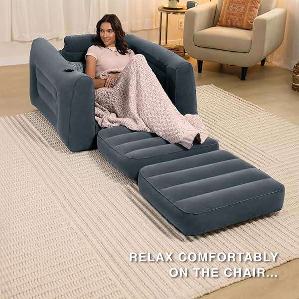 Intex 66551EP Inflatable Pull-Out Chair: Built-in Cupholder – Velvety Surface – 2-in-1 Valve – Folds Compactly – 88" x 46" x 26" - Image 6
