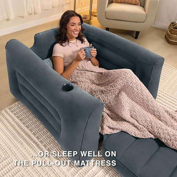 Intex 66551EP Inflatable Pull-Out Chair: Built-in Cupholder – Velvety Surface – 2-in-1 Valve – Folds Compactly – 88" x 46" x 26" - Image 7