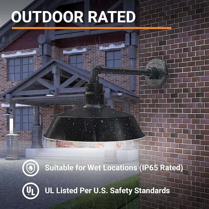 14in. Satin Black Outdoor Gooseneck Barn Light Fixture with 13in. Long Extension Arm - Wall Sconce Farmhouse, Vintage, Antique Style - UL Listed - 9W 900lm A19 LED Bulb (5000K Cool White) - Image 4