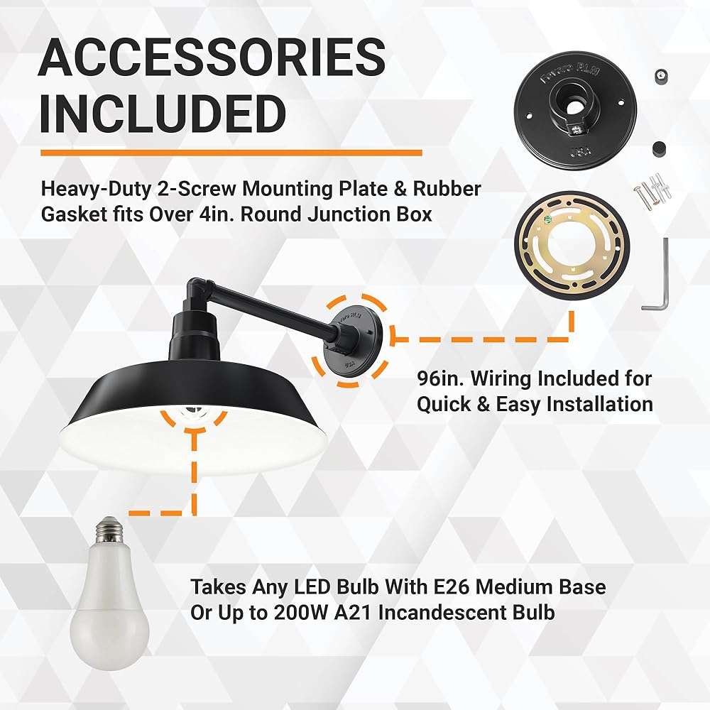 14in. Satin Black Outdoor Gooseneck Barn Light Fixture with 13in. Long Extension Arm - Wall Sconce Farmhouse, Vintage, Antique Style - UL Listed - 9W 900lm A19 LED Bulb (5000K Cool White) - Image 5