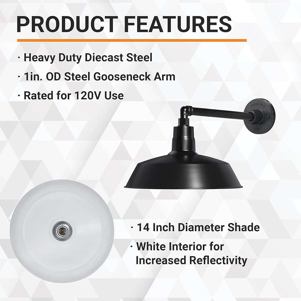 14in. Satin Black Outdoor Gooseneck Barn Light Fixture with 13in. Long Extension Arm - Wall Sconce Farmhouse, Vintage, Antique Style - UL Listed - 9W 900lm A19 LED Bulb (5000K Cool White) - Image 7