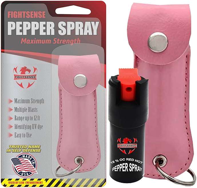 FIGHTSENSE Self Defense Pepper Spray - 1/2 oz Compact Size Maximum Strength Police Grade Formula Best Self Defense Tool for Women W/Leather Pouch Keychain - Image 1
