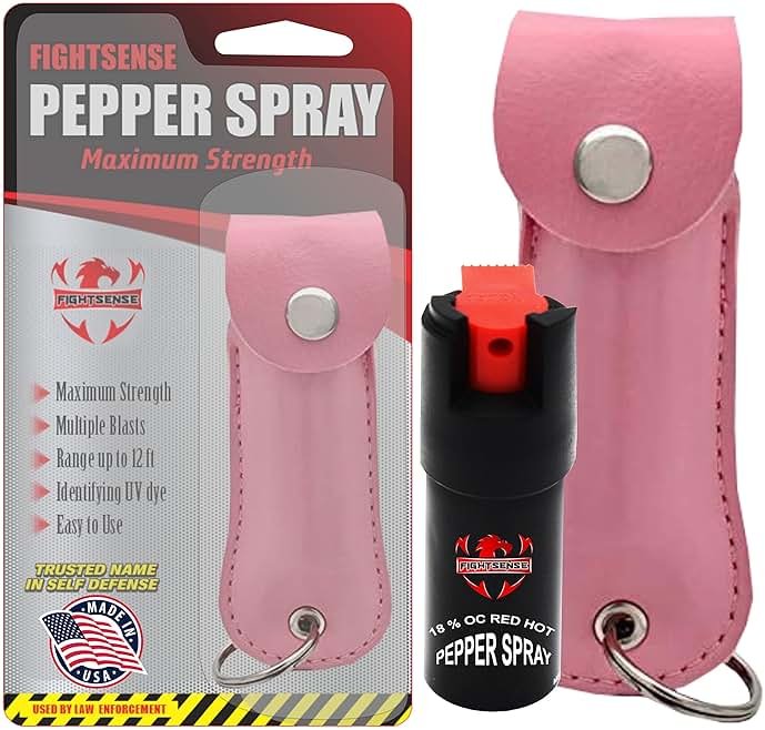 FIGHTSENSE Self Defense Pepper Spray - 1/2 oz Compact Size Maximum Strength Police Grade Formula Best Self Defense Tool for Women W/Leather Pouch Keychain - Product Image